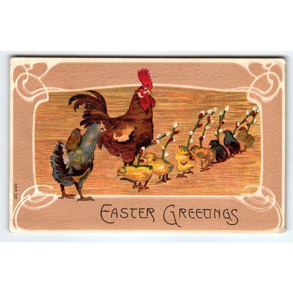 Easter Postcard 1900's Rooster Hen Baby Chicks Embossed Vintage Germany Greeting